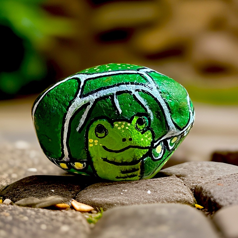 Hand crafted painted rock turtle green yellow white dots 3x3 inch approximately
